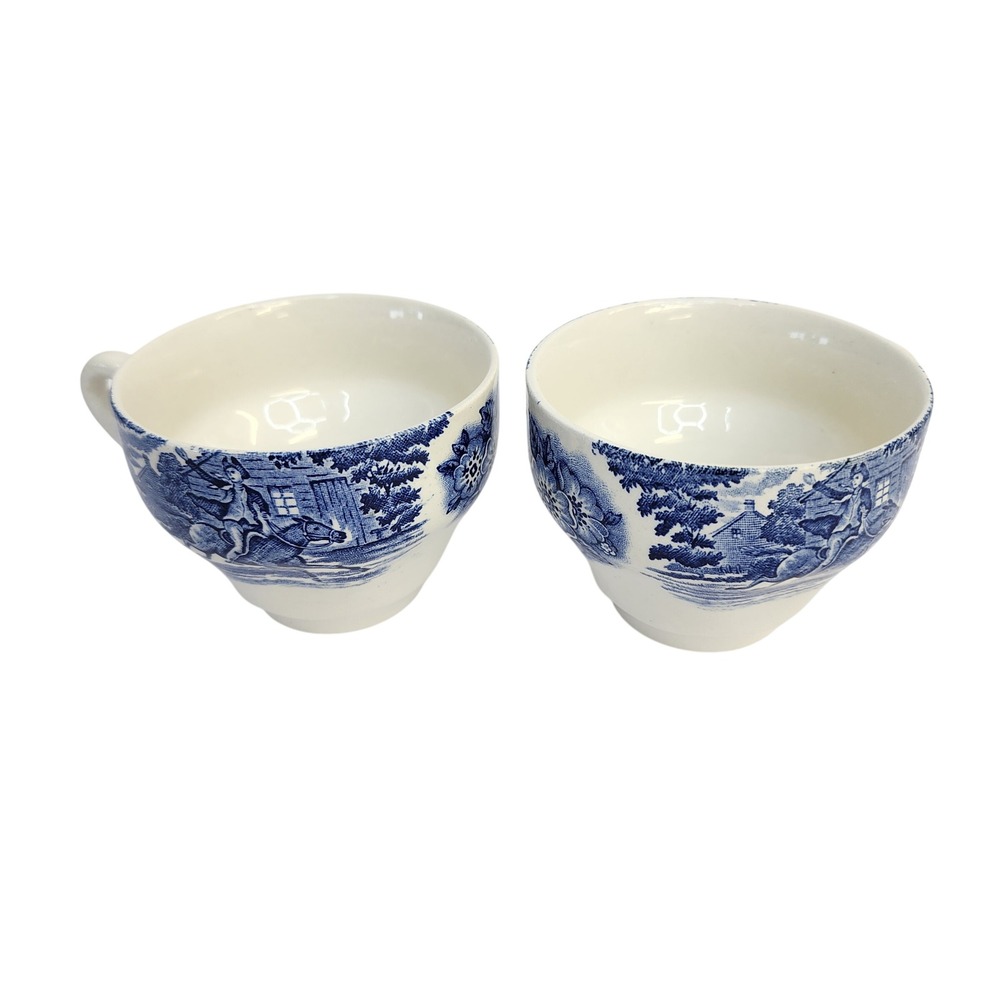Vintage England Blue White Transferware Tea Cups Paul Revere Midnight RideSet 2 - Picture 2 of 5